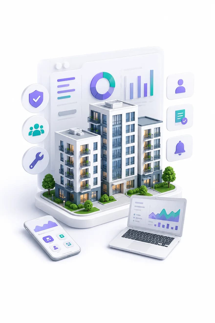 Apmatik platformu: apartman yönetimi, mobil uygulama ve raporlama panosu illüstrasyonu